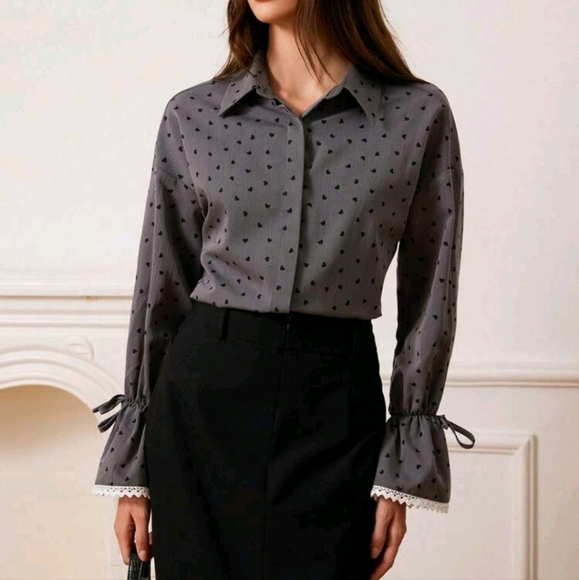 Graceful French Style Polka Dot & Heart Print Women Cardigan Long Sleeve Blouse - Picture 2 of 4